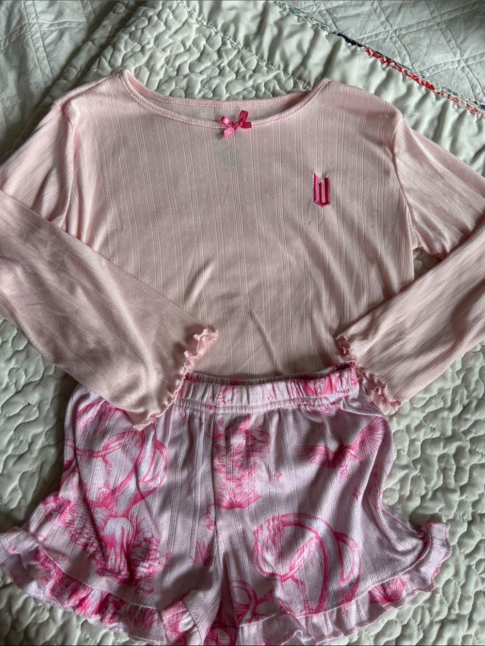Girls' Pink Two-Piece Pajama Set - Soft Long Sleeve Top & Printed Shorts